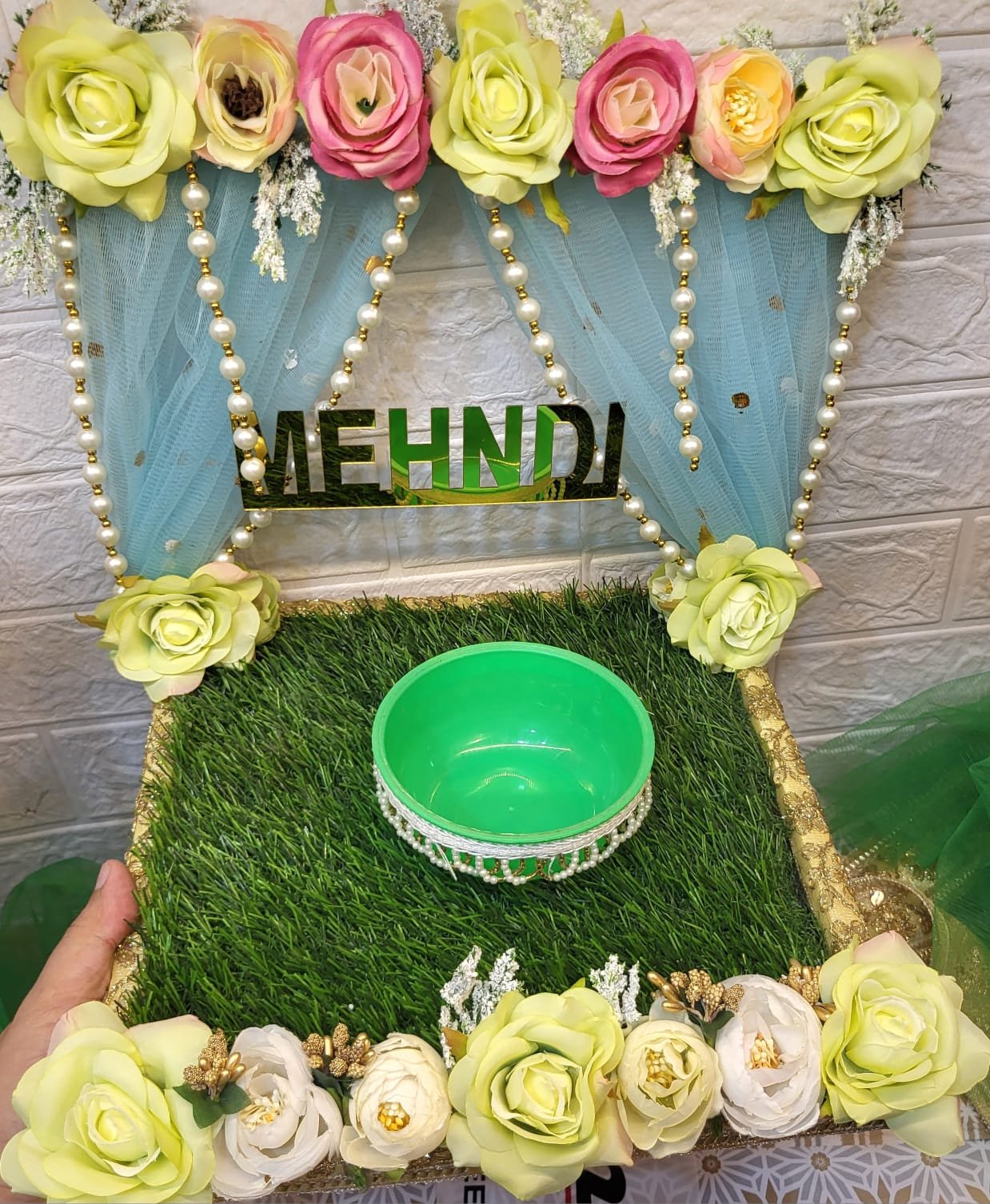 Mehndi Handcrafted Platter Thali | Decorative Wedding Mehendi Plate for Bride, Bridesmaid, Dulhan | Handmade Tray for Shaadi, Haldi, Sangeet, Engagement,& Decor (Green)