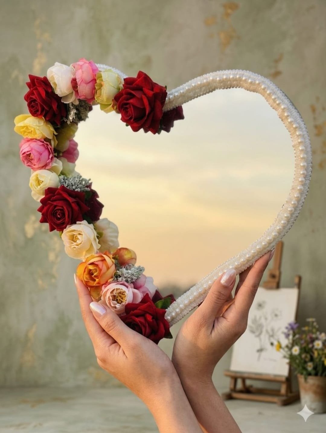 Heart Shape Nikkah Mirror with Artificial Rose Flowers and Pearl Border, Decorative Bridal Mirror for Wedding Ceremony, Nikah Gift, Bridal Accessories, Home Decor and Special Occasions