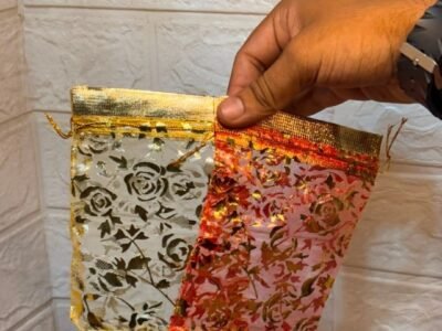 100 Pcs Potli Bags,Pouches 4x6 inches with Drawstring Small Potli Bags for Return Gifts for Wedding| Party |Baby Shower| Dry Fruit Pouches (Red / Golden Flower)
