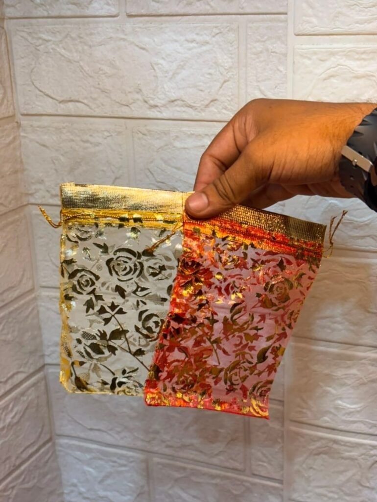 100 Pcs Potli Bags,Pouches 4x6 inches with Drawstring Small Potli Bags for Return Gifts for Wedding| Party |Baby Shower| Dry Fruit Pouches (Red / Golden Flower)