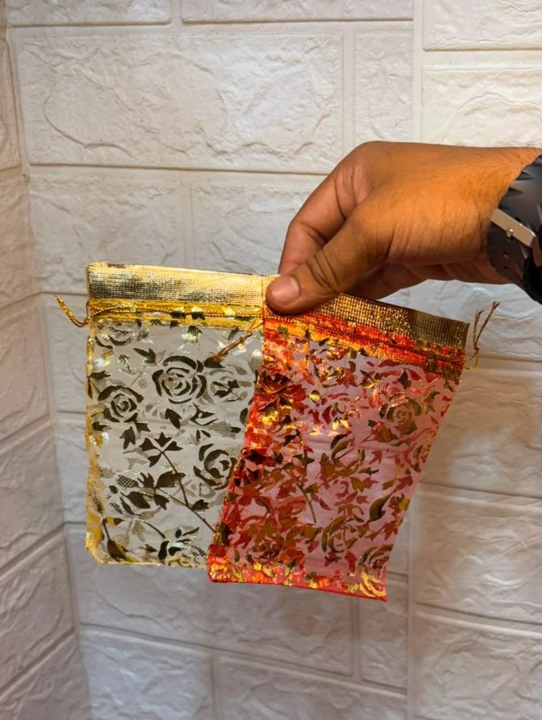 100 Pcs Potli Bags,Pouches 4x6 inches with Drawstring Small Potli Bags for Return Gifts for Wedding| Party |Baby Shower| Dry Fruit Pouches (Red / Golden Flower)