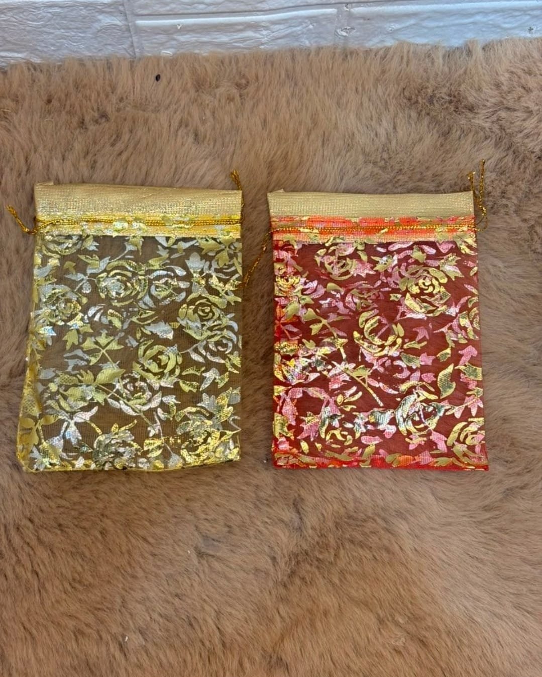 100 Pcs Potli Bags,Pouches 4x6 inches with Drawstring Small Potli Bags for Return Gifts for Wedding| Party |Baby Shower| Dry Fruit Pouches (Red / Golden Flower) - Image 2