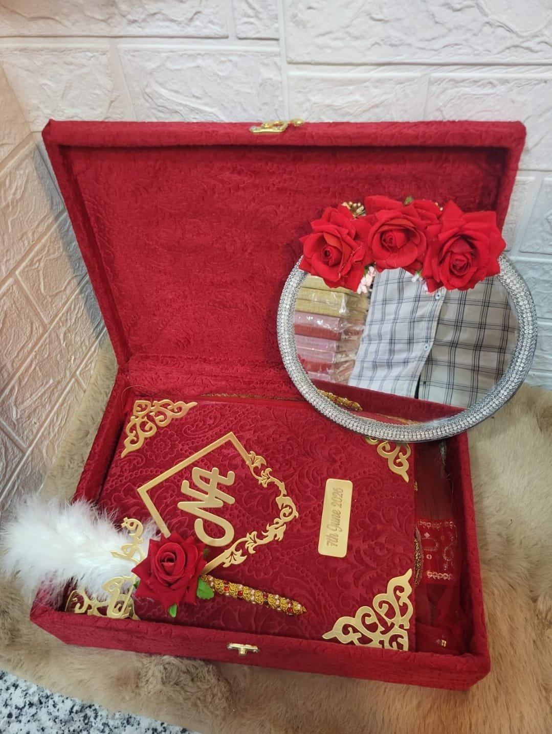 Premium Nikah Nama Combo Gift Box with Booklet & Decorative Pen, Muh dikhayi mirror, Stamp pad, | Velvet Finish Islamic Wedding Nikahnama Folder - Image 3