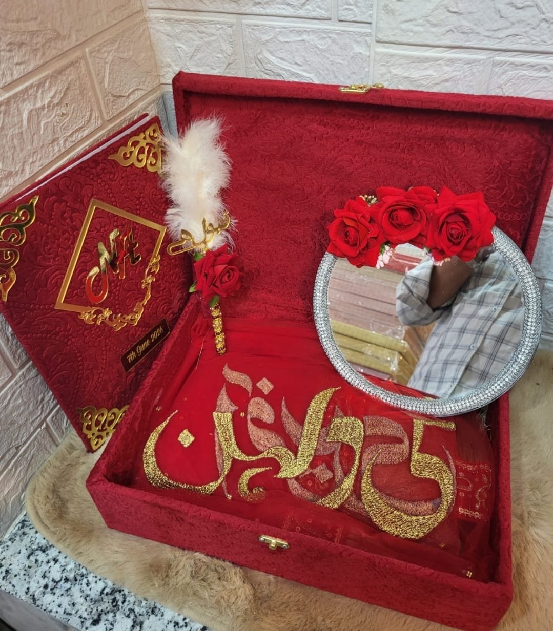 Premium Nikah Nama Combo Gift Box with Booklet & Decorative Pen, Muh dikhayi mirror, Stamp pad, | Velvet Finish Islamic Wedding Nikahnama Folder